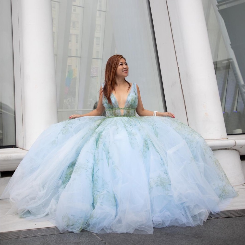 Jovani Blue and Green Floral Plunge Neck Backless Beaded Belt Ball Gown